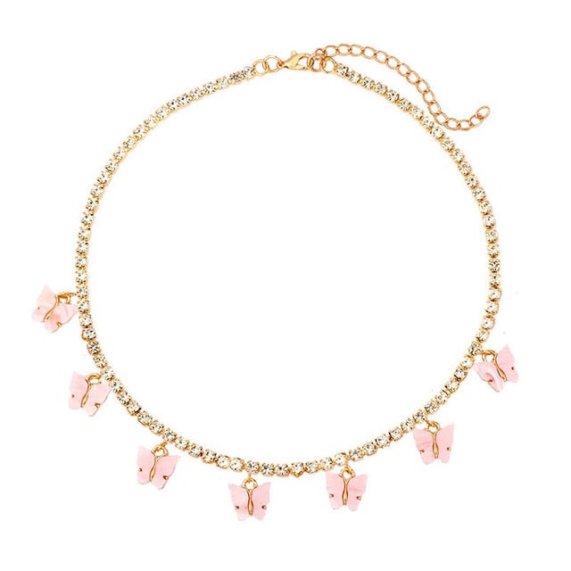 Caraquet Bling Metal 7 Pcs Butterfly Pendant Necklace Women Rhinestone Tennis Chain Choker Necklace Fashion Statement Jewelry