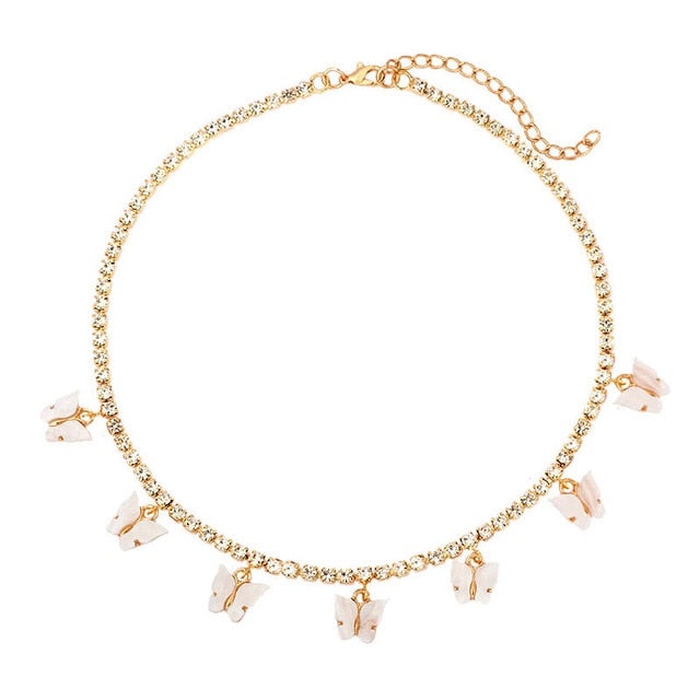 Caraquet Bling Metal 7 Pcs Butterfly Pendant Necklace Women Rhinestone Tennis Chain Choker Necklace Fashion Statement Jewelry