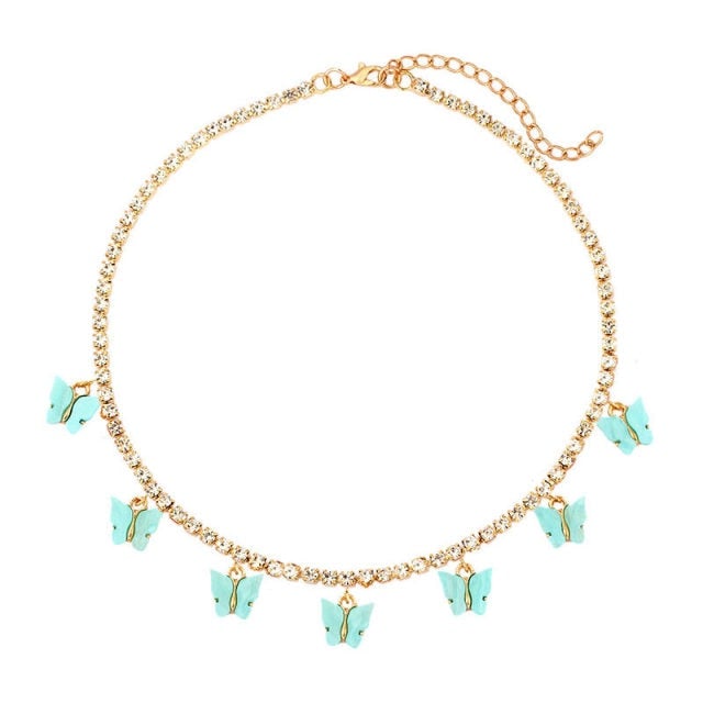Caraquet Bling Metal 7 Pcs Butterfly Pendant Necklace Women Rhinestone Tennis Chain Choker Necklace Fashion Statement Jewelry