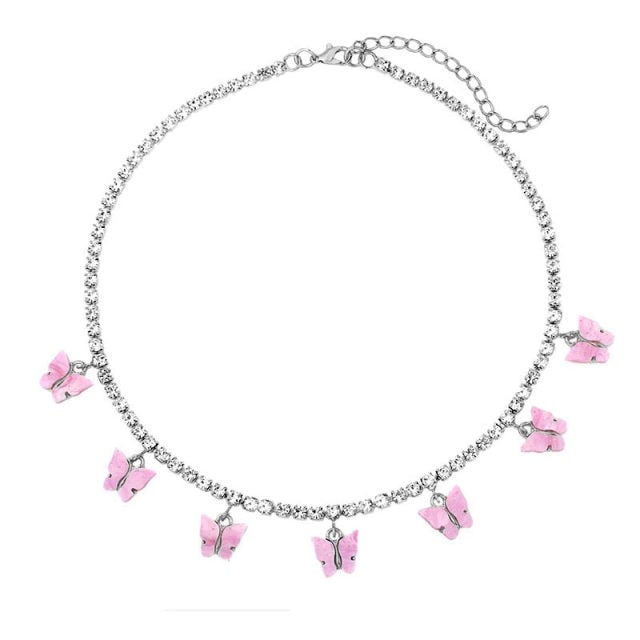 Caraquet Bling Metal 7 Pcs Butterfly Pendant Necklace Women Rhinestone Tennis Chain Choker Necklace Fashion Statement Jewelry