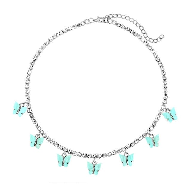 Caraquet Bling Metal 7 Pcs Butterfly Pendant Necklace Women Rhinestone Tennis Chain Choker Necklace Fashion Statement Jewelry