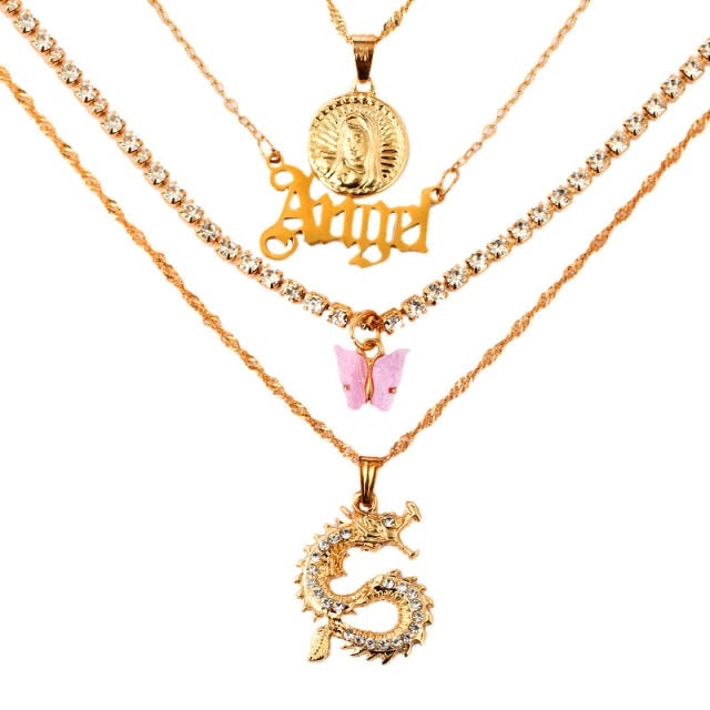 Flatfoosie Multilayer Crystal Dragon Butterfly Pendant Necklace Women Gold Color Coin Portrait Letter Choker Necklace Jewelry