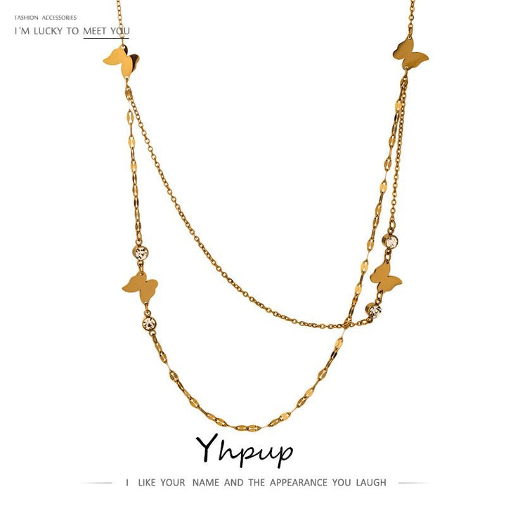 Yhpup Exquisite Butterfly Stainless Steel Choker Necklace for Women Luxury Rhinestone Layered Metal Necklace Jewelry Gift 2021