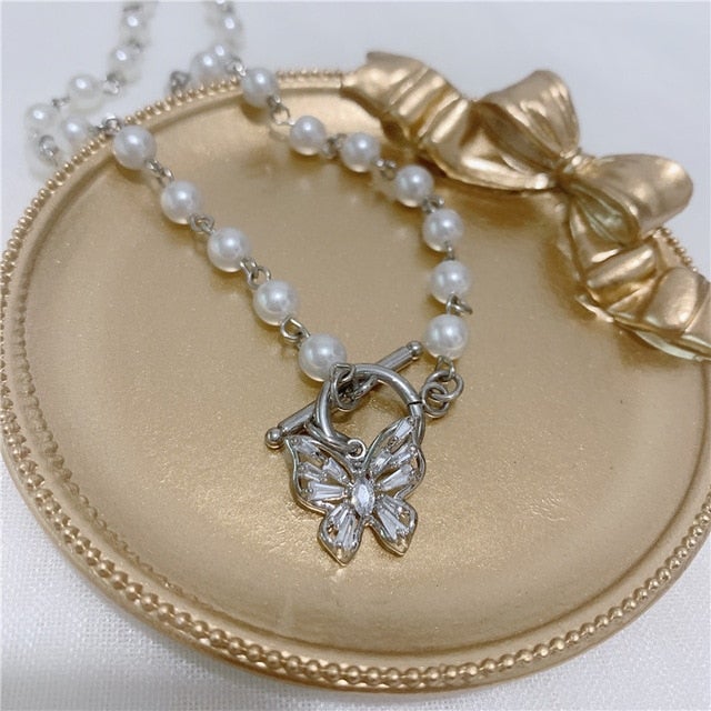 HangZhi 2020 New Short Pearl Rhinestones Choker Butterfly Titanium Steel Necklace For Women Girls Party Hot Jewelry Gifts