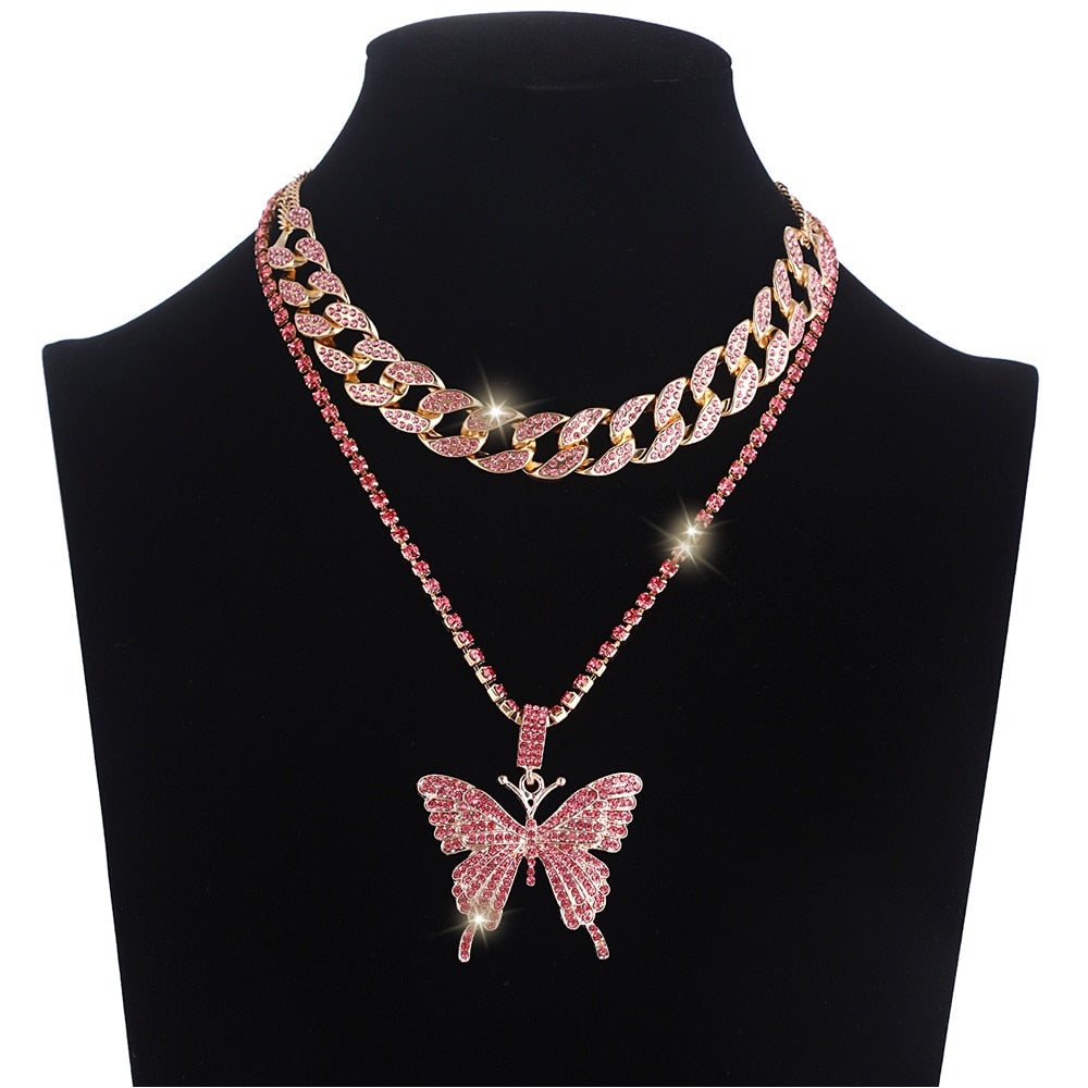 Iced Out Butterfly Necklace Set Cuban Link Chain Choker Necklace Gifts for Women Butterfly Chains Bling Hip Hop Pendant Jewelry