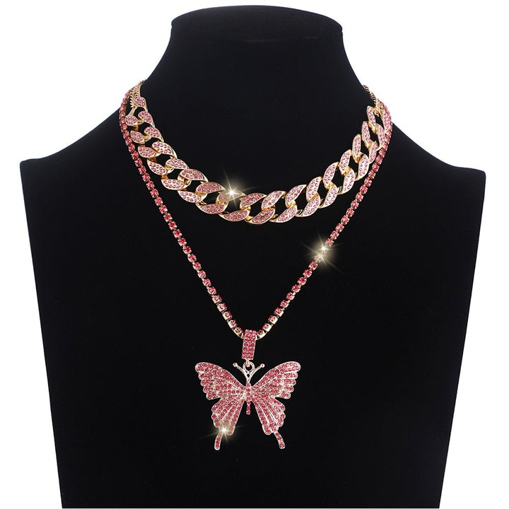 Iced Out Butterfly Necklace Set Cuban Link Chain Choker Necklace Gifts for Women Butterfly Chains Bling Hip Hop Pendant Jewelry