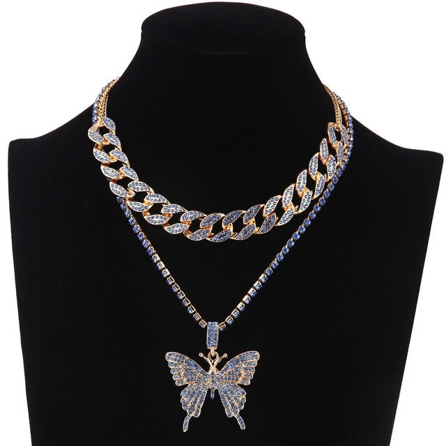 Iced Out Butterfly Necklace Set Cuban Link Chain Choker Necklace Gifts for Women Butterfly Chains Bling Hip Hop Pendant Jewelry