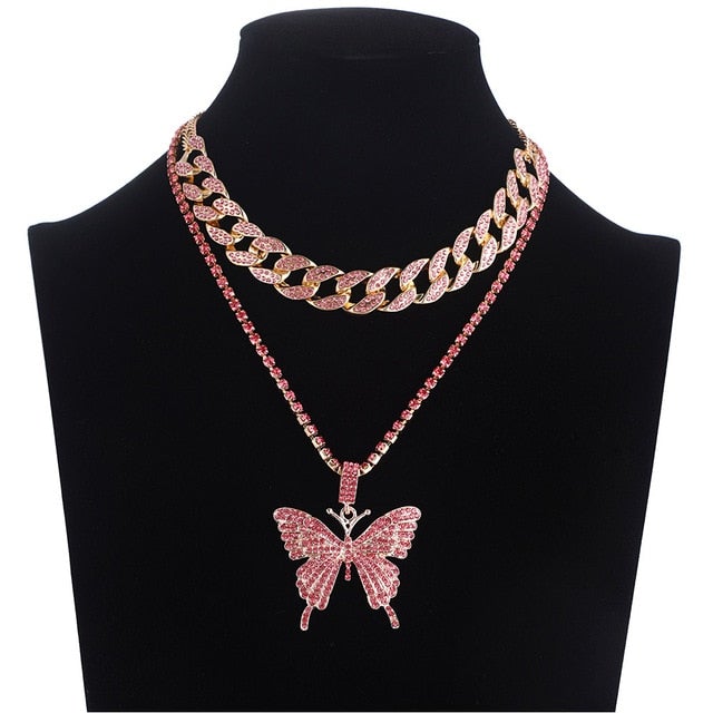 Iced Out Butterfly Necklace Set Cuban Link Chain Choker Necklace Gifts for Women Butterfly Chains Bling Hip Hop Pendant Jewelry
