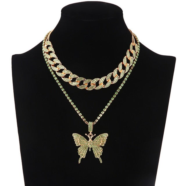 Iced Out Butterfly Necklace Set Cuban Link Chain Choker Necklace Gifts for Women Butterfly Chains Bling Hip Hop Pendant Jewelry