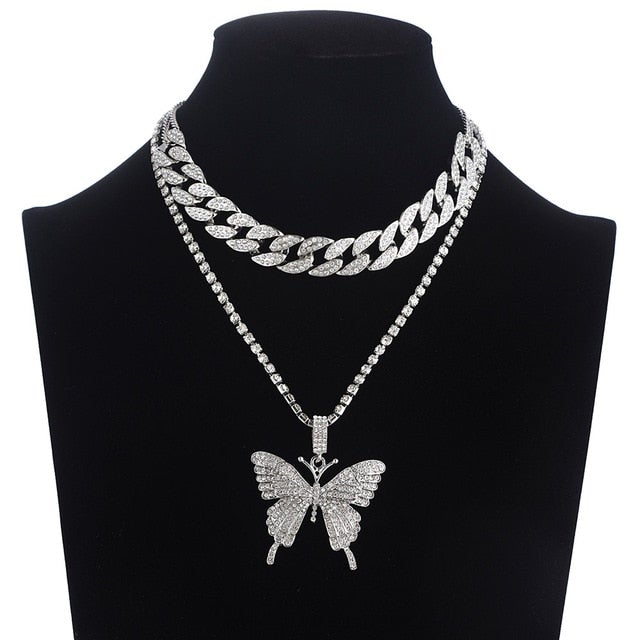 Iced Out Butterfly Necklace Set Cuban Link Chain Choker Necklace Gifts for Women Butterfly Chains Bling Hip Hop Pendant Jewelry