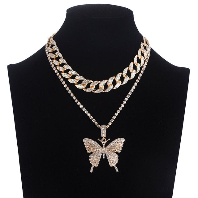 Iced Out Butterfly Necklace Set Cuban Link Chain Choker Necklace Gifts for Women Butterfly Chains Bling Hip Hop Pendant Jewelry