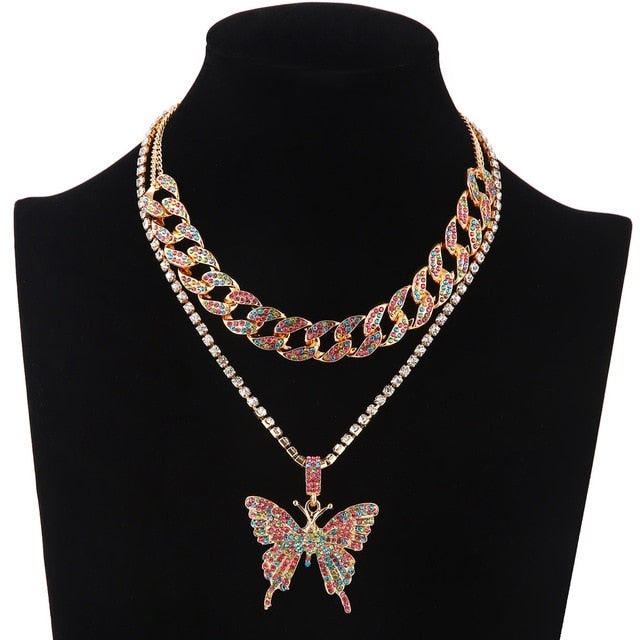 Iced Out Butterfly Necklace Set Cuban Link Chain Choker Necklace Gifts for Women Butterfly Chains Bling Hip Hop Pendant Jewelry