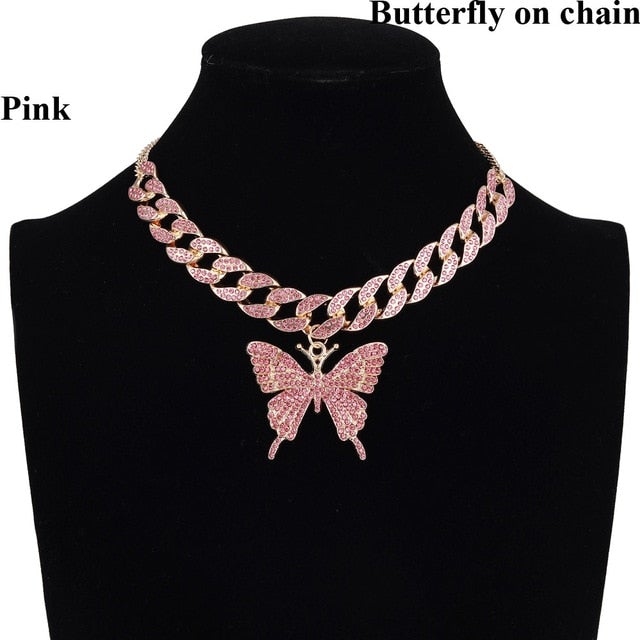 Iced Out Butterfly Necklace Set Cuban Link Chain Choker Necklace Gifts for Women Butterfly Chains Bling Hip Hop Pendant Jewelry