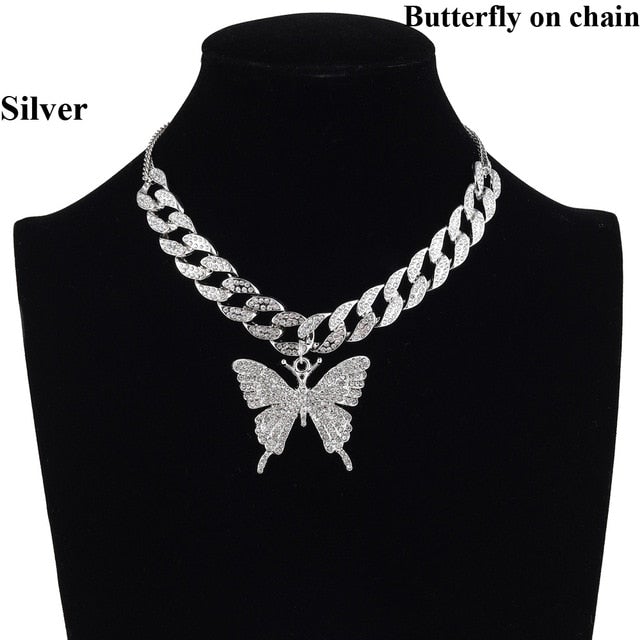 Iced Out Butterfly Necklace Set Cuban Link Chain Choker Necklace Gifts for Women Butterfly Chains Bling Hip Hop Pendant Jewelry