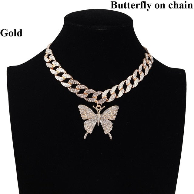 Iced Out Butterfly Necklace Set Cuban Link Chain Choker Necklace Gifts for Women Butterfly Chains Bling Hip Hop Pendant Jewelry