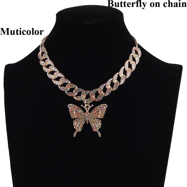 Iced Out Butterfly Necklace Set Cuban Link Chain Choker Necklace Gifts for Women Butterfly Chains Bling Hip Hop Pendant Jewelry