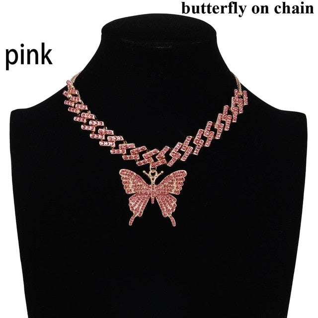 Iced Out Butterfly Necklace Set Cuban Link Chain Choker Necklace Gifts for Women Butterfly Chains Bling Hip Hop Pendant Jewelry