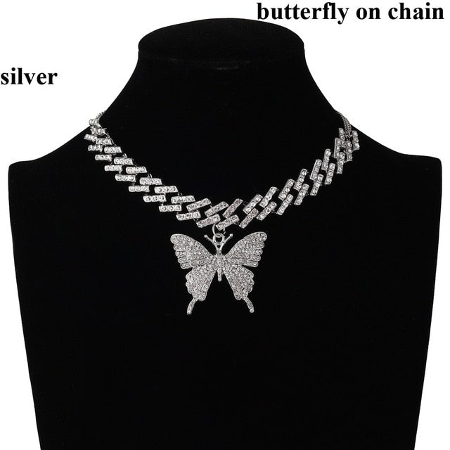 Iced Out Butterfly Necklace Set Cuban Link Chain Choker Necklace Gifts for Women Butterfly Chains Bling Hip Hop Pendant Jewelry