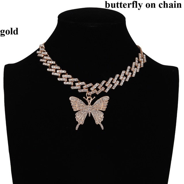 Iced Out Butterfly Necklace Set Cuban Link Chain Choker Necklace Gifts for Women Butterfly Chains Bling Hip Hop Pendant Jewelry