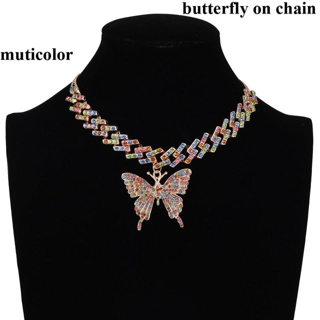Iced Out Butterfly Necklace Set Cuban Link Chain Choker Necklace Gifts for Women Butterfly Chains Bling Hip Hop Pendant Jewelry
