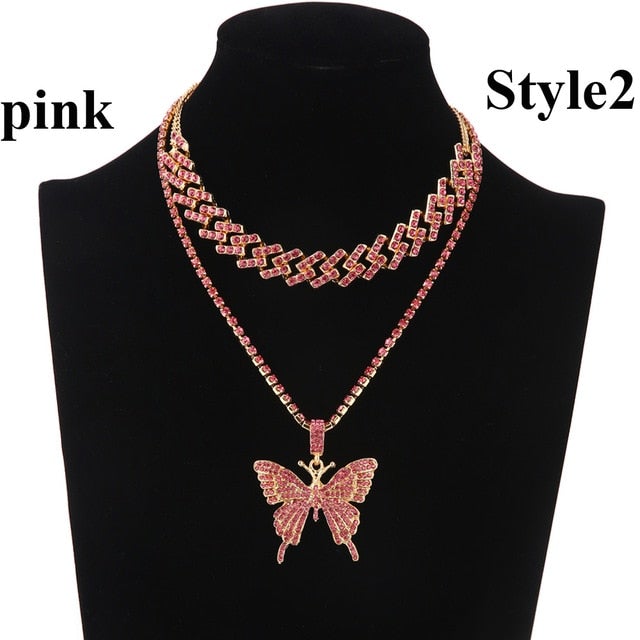 Iced Out Butterfly Necklace Set Cuban Link Chain Choker Necklace Gifts for Women Butterfly Chains Bling Hip Hop Pendant Jewelry