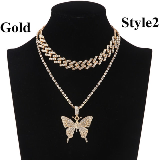 Iced Out Butterfly Necklace Set Cuban Link Chain Choker Necklace Gifts for Women Butterfly Chains Bling Hip Hop Pendant Jewelry