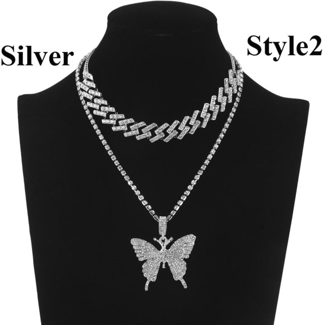 Iced Out Butterfly Necklace Set Cuban Link Chain Choker Necklace Gifts for Women Butterfly Chains Bling Hip Hop Pendant Jewelry