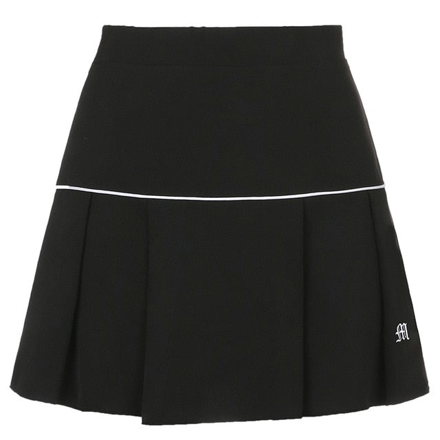 Waatfaak High Waist Tennis Skirt Pleated Embroidery Striped A Line Korean Skirts Short Black Sexy Harajuku Skirt White Autumn
