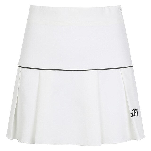 Waatfaak High Waist Tennis Skirt Pleated Embroidery Striped A Line Korean Skirts Short Black Sexy Harajuku Skirt White Autumn