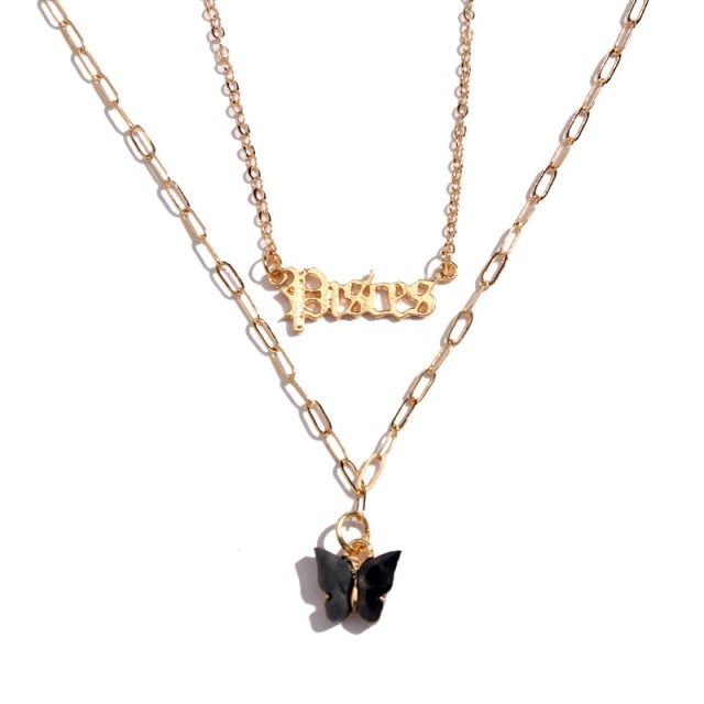 Flatfoosie Multilayer Butterfly Pendant Necklace For Women Gold Color Crystal ANGEL Letters Choker Necklace Boho Jewelry Gift