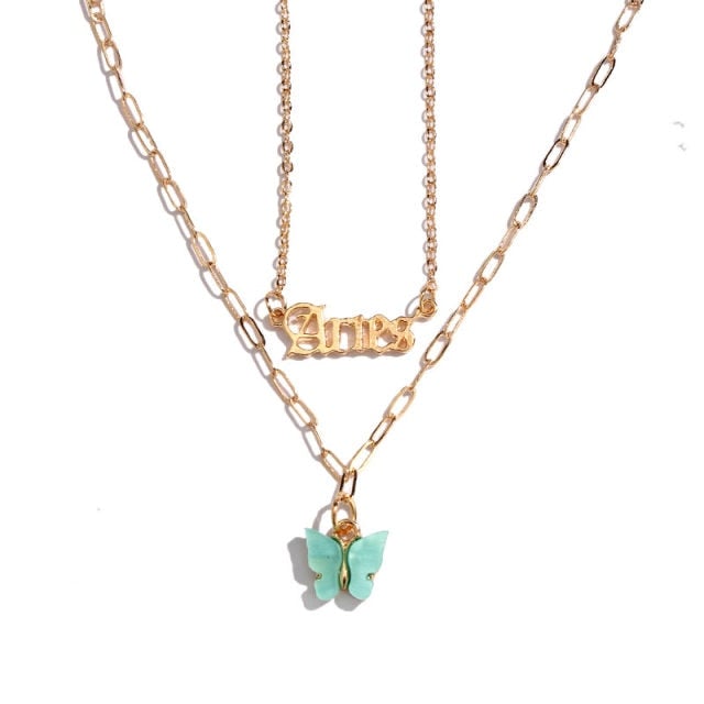 Flatfoosie Multilayer Butterfly Pendant Necklace For Women Gold Color Crystal ANGEL Letters Choker Necklace Boho Jewelry Gift