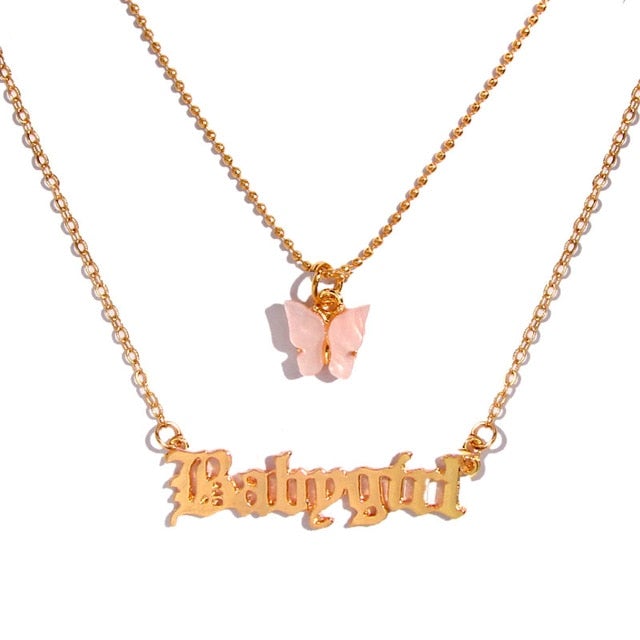 Flatfoosie Multilayer Butterfly Pendant Necklace For Women Gold Color Crystal ANGEL Letters Choker Necklace Boho Jewelry Gift