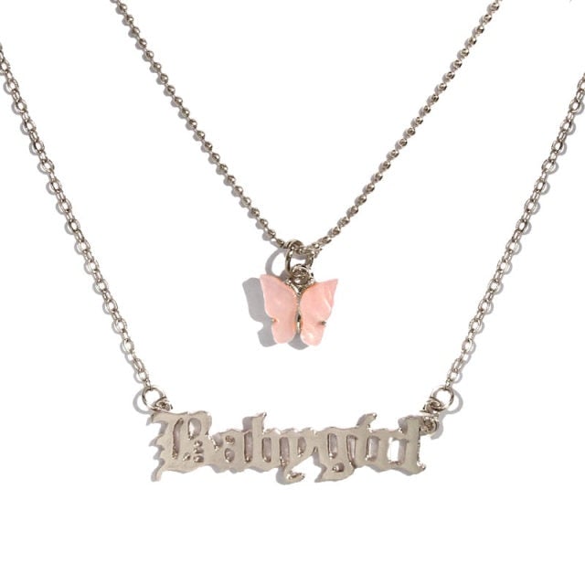 Flatfoosie Multilayer Butterfly Pendant Necklace For Women Gold Color Crystal ANGEL Letters Choker Necklace Boho Jewelry Gift