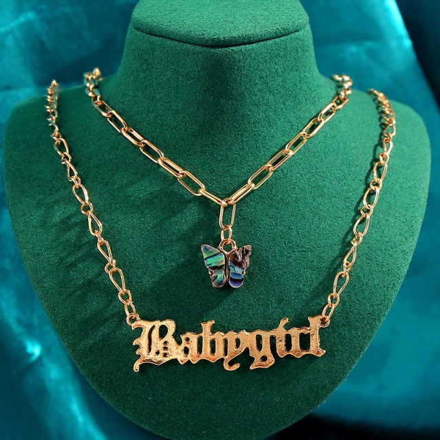 Flatfoosie Multilayer Butterfly Pendant Necklace For Women Gold Color Crystal ANGEL Letters Choker Necklace Boho Jewelry Gift