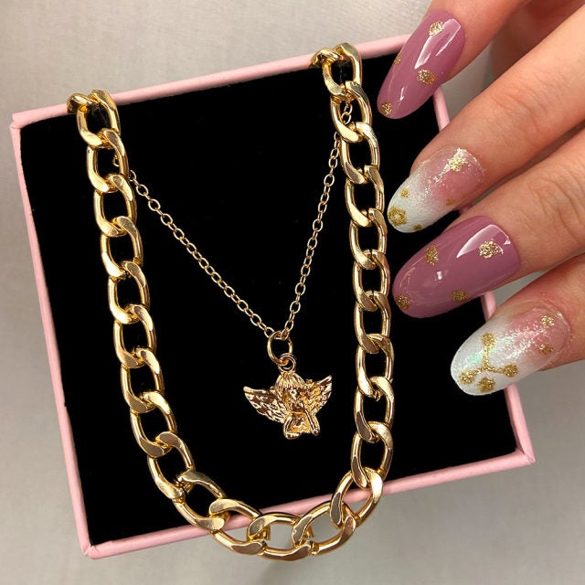 Flatfoosie Multilayer Butterfly Pendant Necklace For Women Gold Color Crystal ANGEL Letters Choker Necklace Boho Jewelry Gift