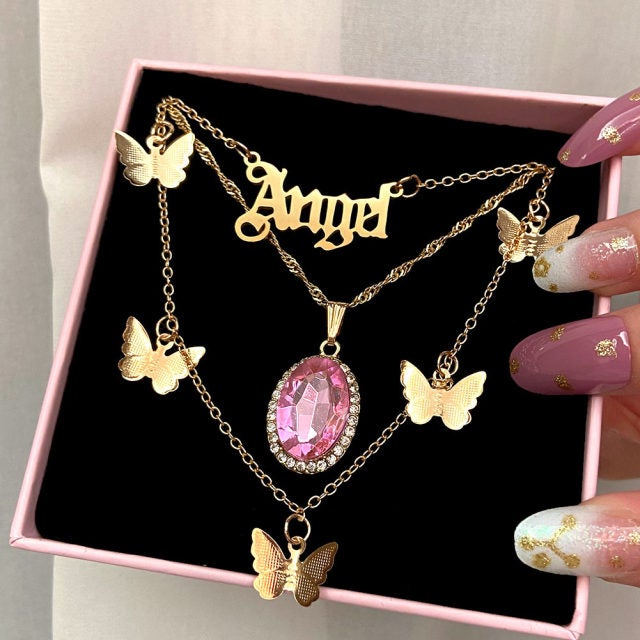 Flatfoosie Multilayer Butterfly Pendant Necklace For Women Gold Color Crystal ANGEL Letters Choker Necklace Boho Jewelry Gift