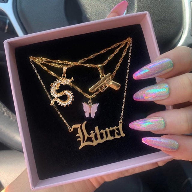 Flatfoosie Multilayer Butterfly Pendant Necklace For Women Gold Color Crystal ANGEL Letters Choker Necklace Boho Jewelry Gift