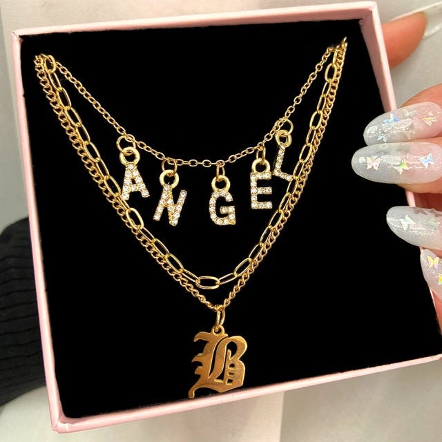 Flatfoosie Multilayer Butterfly Pendant Necklace For Women Gold Color Crystal ANGEL Letters Choker Necklace Boho Jewelry Gift