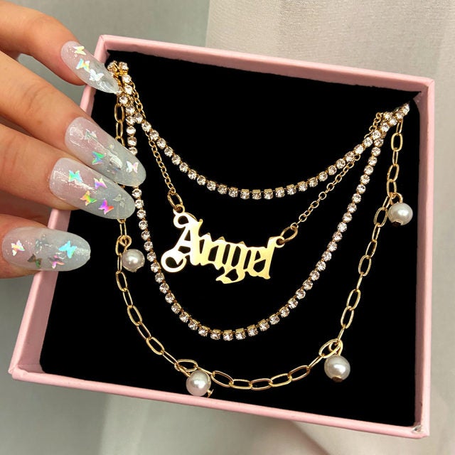 Flatfoosie Multilayer Butterfly Pendant Necklace For Women Gold Color Crystal ANGEL Letters Choker Necklace Boho Jewelry Gift