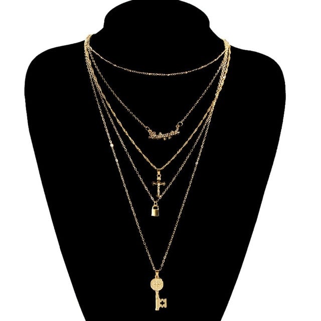 Flatfoosie Multilayer Butterfly Pendant Necklace For Women Gold Color Crystal ANGEL Letters Choker Necklace Boho Jewelry Gift