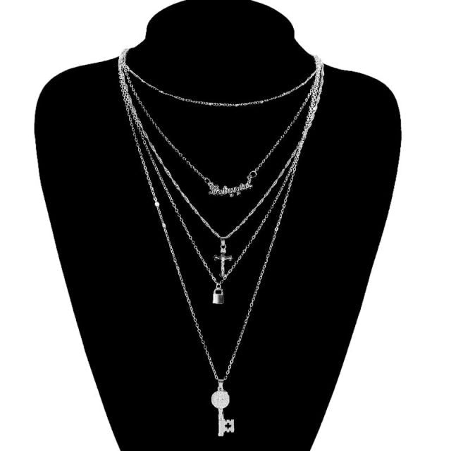 Flatfoosie Multilayer Butterfly Pendant Necklace For Women Gold Color Crystal ANGEL Letters Choker Necklace Boho Jewelry Gift