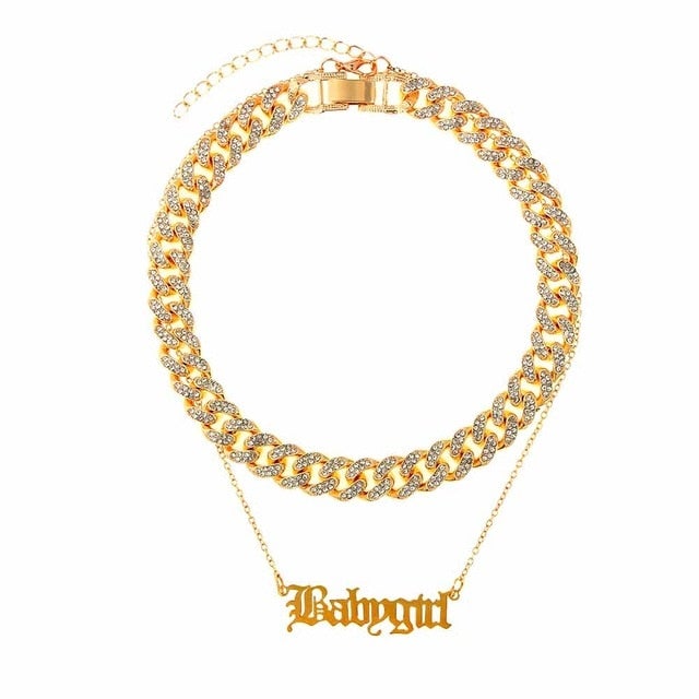 Flatfoosie Iced Out Full Rhinestone Cuban Chain Necklace Women Multilayer Crystal Butterfly Letter Pendant Necklace Punk Jewelry
