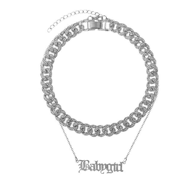 Flatfoosie Iced Out Full Rhinestone Cuban Chain Necklace Women Multilayer Crystal Butterfly Letter Pendant Necklace Punk Jewelry