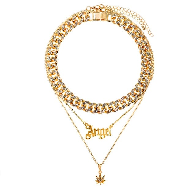 Flatfoosie Iced Out Full Rhinestone Cuban Chain Necklace Women Multilayer Crystal Butterfly Letter Pendant Necklace Punk Jewelry