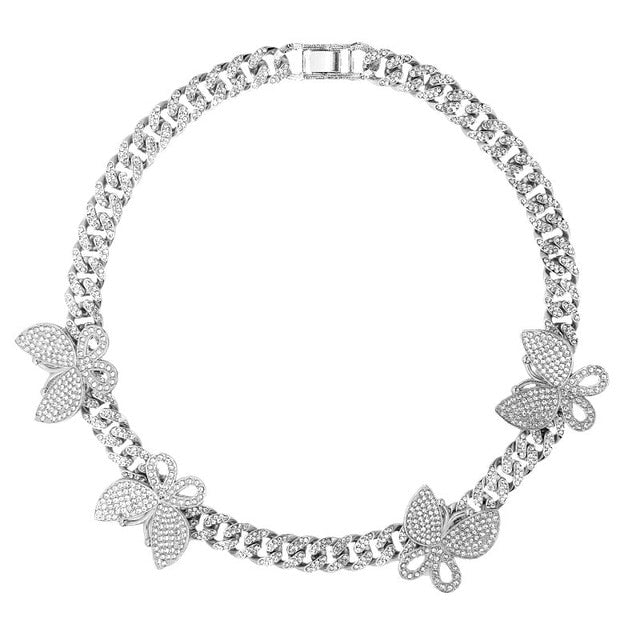 Flatfoosie Iced Out Full Rhinestone Cuban Chain Necklace Women Multilayer Crystal Butterfly Letter Pendant Necklace Punk Jewelry