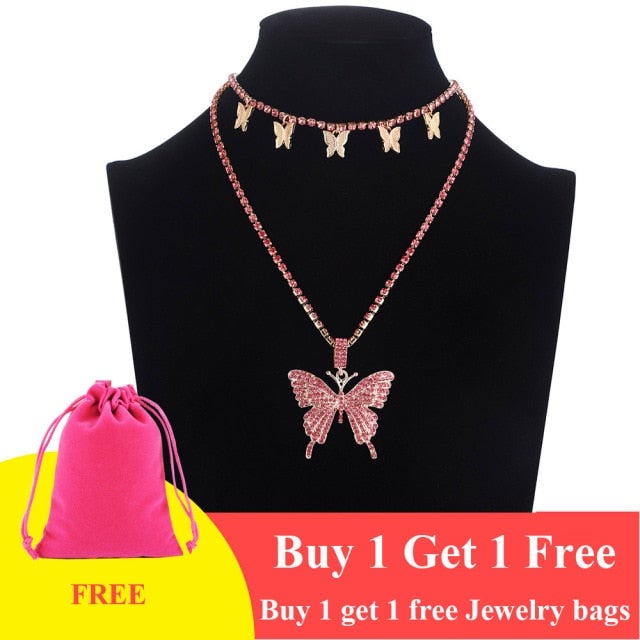 Layered Butterfly Necklace Chain Set Luxury Rhinestones Choker Women Jewellery Pendant Statement Fashion Jewelry Bulk Wholesale