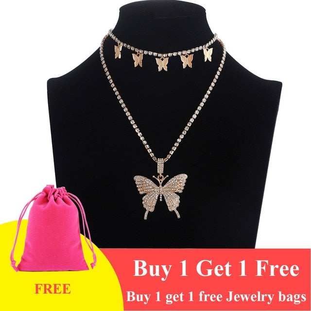 Layered Butterfly Necklace Chain Set Luxury Rhinestones Choker Women Jewellery Pendant Statement Fashion Jewelry Bulk Wholesale