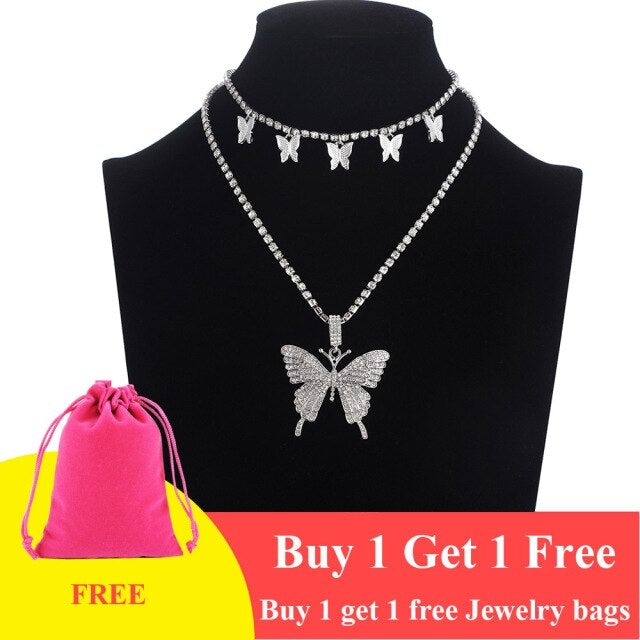 Layered Butterfly Necklace Chain Set Luxury Rhinestones Choker Women Jewellery Pendant Statement Fashion Jewelry Bulk Wholesale