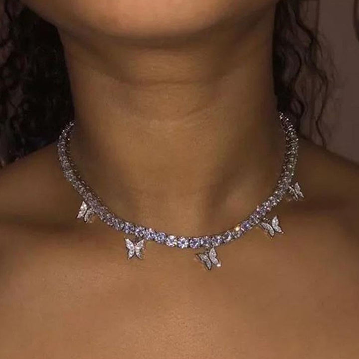 BYNOUCK 5mm Shining cute Crystal Butterfly Choker Necklace for Women Small Animals Pendant Necklace Rhinestone iced out Jewelry