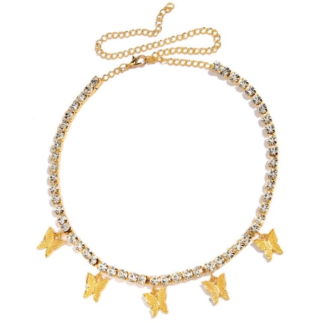 Caraquet Shining Crystal Tennis Butterfly Choker Necklaces for Women Gold Silver Color Bling Rhinestone Chain Necklaces Jewelry